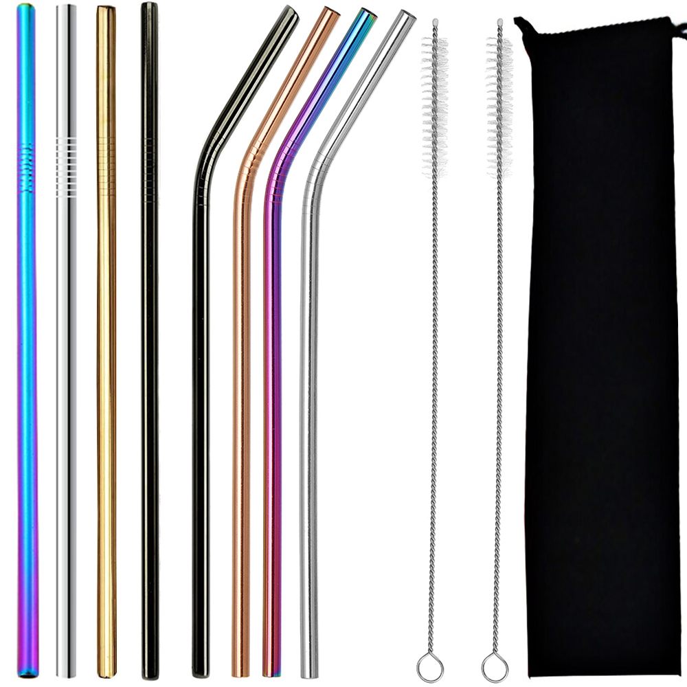 A set of 8 Reusable Eco-Friendly Metal Drinking Straws with Cleaning Brush and Pouch, Multicolored
