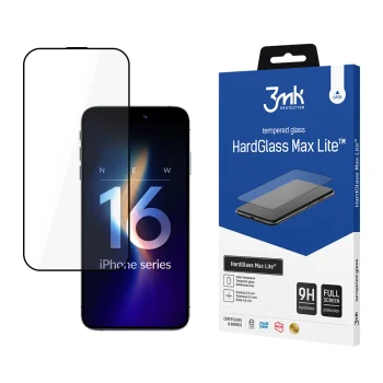 3mk HardGlass Max Lite apsauginis stiklas iPhone 16 Pro telefonui, juodas rėmelis