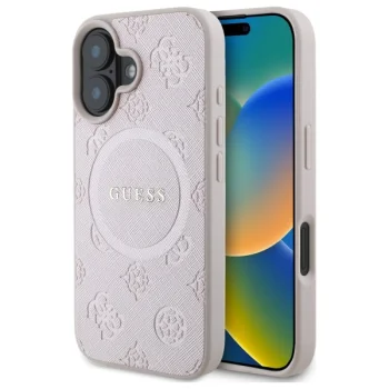 Guess Saffiano Peony Classic Logo MagSafe dėklas iPhone 16, rožinis
