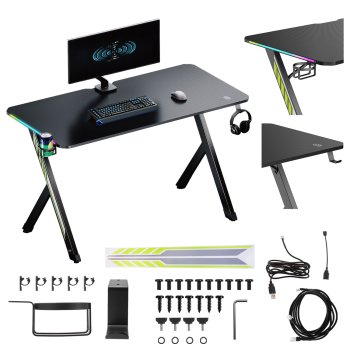 Žaidimų stalas NanoRS RS102 su RGB, 120x60 cm, Juodas