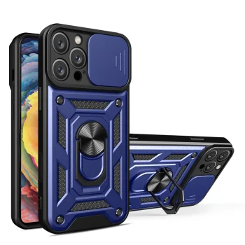 Hybrid Armor Camshield iPhone 16 Pro Case with Camera Cover and Ring Stand, Blue