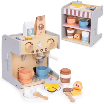 Medinis kavos aparatas ir parduotuvė Ecotoys, 2-in-1, su 26 priedais