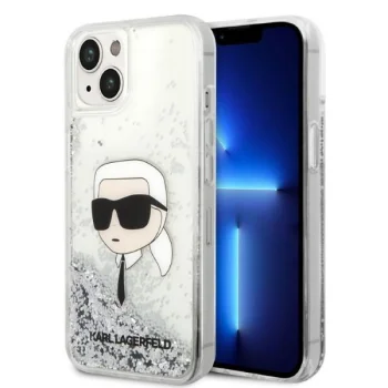 Karl Lagerfeld iPhone 14 Plus dėklas Liquid Glitter Karl Head, sidabrinis