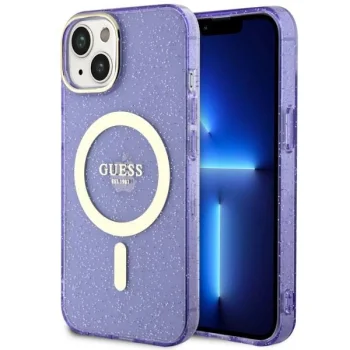 Guess Glitter Gold MagSafe dėklas iPhone 14 telefonui, violetinis
