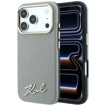 Karl Lagerfeld Saffiano Script Metal Logo MagSafe dėklas iPhone 17/18 Pro Max, smėlio
