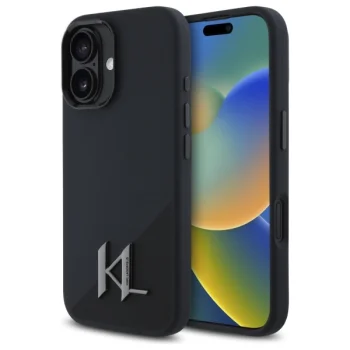 Karl Lagerfeld dėklas iPhone 16 telefonui Silicone Shadow Metal Initial MagSafe, juodas