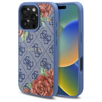 Guess 4G Flowers Print MagSafe dėklas telefonui iPhone 16 Pro, mėlynas