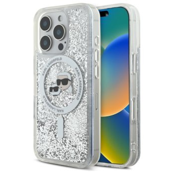 Karl Lagerfeld dėklas iPhone 16 Pro Max telefonui Liquid Glitter MagSafe, skaidrus