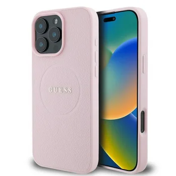 Guess Grained Gold Ring MagSafe dėklas telefonui iPhone 15 Pro Max 6.7", rožinis