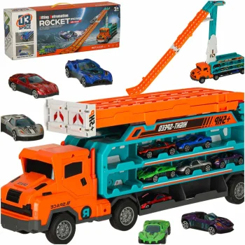 Sunkvežimis-autovežis su lenktynių trasa ir 6 mašinėlėmis, oranžinis