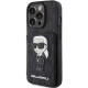 Karl Lagerfeld dėklas iPhone 15 Pro su kortelių dėklu ir stovu, juodas