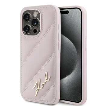 Karl Lagerfeld dėklas iPhone 15 Pro Max Diagonal Quilted Script, rožinis