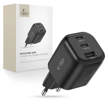 Tech-Protect NCA100W-GaN 100W sieninis įkroviklis (2x USB-C, 1x USB-A)