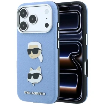Karl Lagerfeld dėklas iPhone 18 Pro / 17 Pro Saffiano Pins & Logo, šviesiai mėlynas
