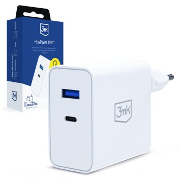 Sieninis įkroviklis 3Mk Protection FlowPower 45W, USB-A / USB-C, baltas