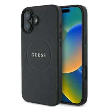 Guess Grained Gold Ring MagSafe dėklas skirtas iPhone 16, juodas