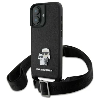 Karl Lagerfeld iPhone 16 dėklas Saffiano Karl&Choupette Metal Pin su dirželiu, juodas