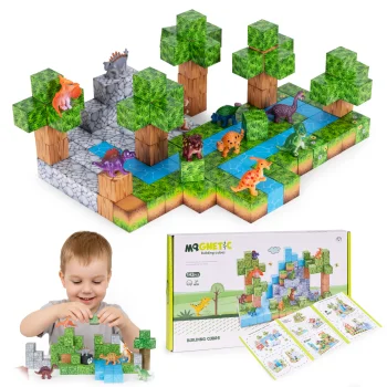 Magnetic Building Blocks for Kids, 142 Pieces (Cubes & Dinosaurs)