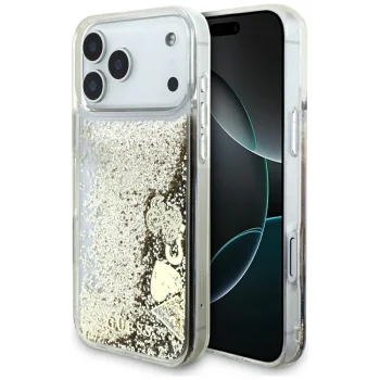 Guess Liq. Glitter 4 Charms dėklas, skirtas iPhone 17 Pro Max, auksinis