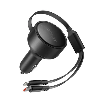 Orico automobilinis įkroviklis 60W su ištraukiamais USB-C ir Lightning laidais