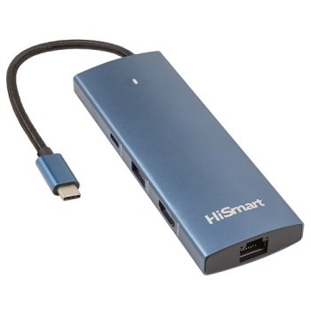 Extra Digital 120107 USB-C šakotuvas (HDMI, LAN, 3x USB-A, USB-C, PD100W, SD/TF), mėlynas