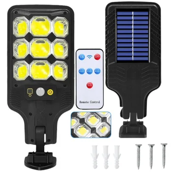 Lauko COB LED saulės energijos šviestuvas su judesio jutikliu ir pulteliu, juodas