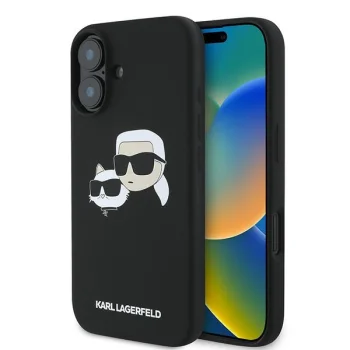 Karl Lagerfeld Silicone Double Heads Print MagSafe dėklas telefonui iPhone 16 Plus, juodas