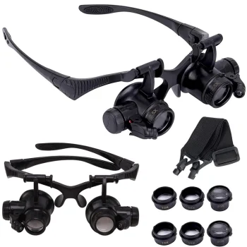 Watchmaker Headband Magnifying Glasses with LED Light and 10x 15x 20x 25x Lenses, Black