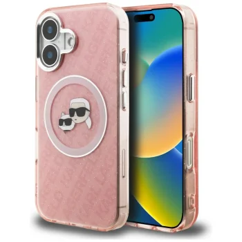 Karl Lagerfeld IML Glitter Karl & Choupette Heads MagSafe Case for iPhone 16 - Pink