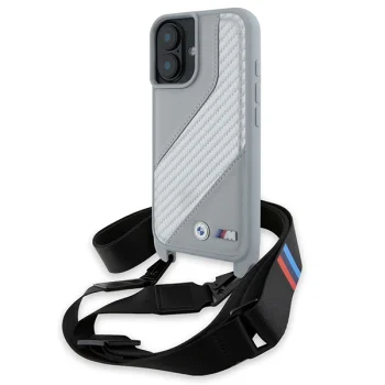 BMW iPhone 16 dėklas M Edition Carbon Stripe & Strap, pilkas