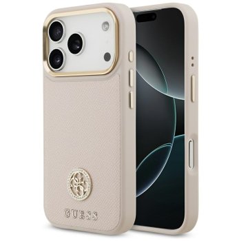 Guess dėklas iPhone 17 Pro telefonui Grained PU Strass Logo MagSafe, rožinis