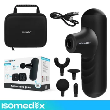 Mini masažinis pistoletas Isomedix, 2x 2500 mAh, 5 režimai, 4 antgaliai