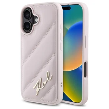 Karl Lagerfeld Quilted Signature dėklas iPhone 16 telefonui, rožinis