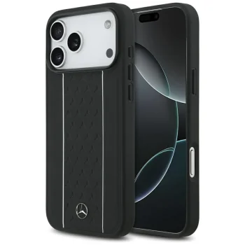 Mercedes Leather Star Pattern Stripes MagSafe dėklas, skirtas iPhone 17 Pro Max, juodas
