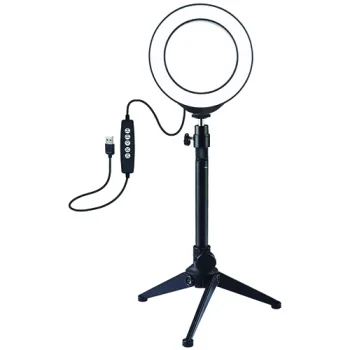 LED žiedinė lempa 12 cm su staliniu trikoju iki 24,5 cm, RGBW, USB