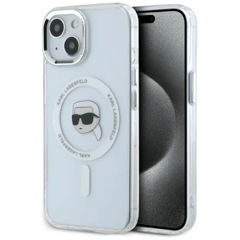 Karl Lagerfeld IML Metal Karl Head MagSafe dėklas telefonui iPhone 15 Plus, baltas