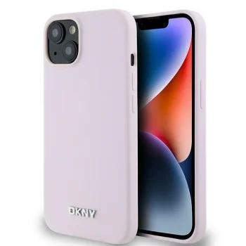 DKNY dėklas iPhone 14 Liquid Silicone Small Metal Logo MagSafe, rožinis