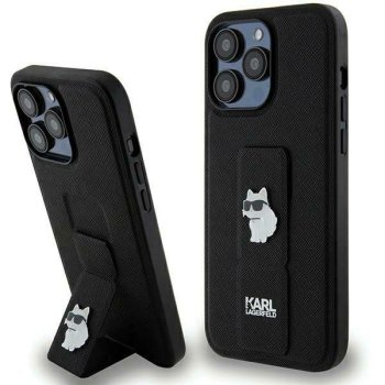Karl Lagerfeld dėklas iPhone 13 / 13 Pro su laikikliu Gripstand Saffiano, juodas