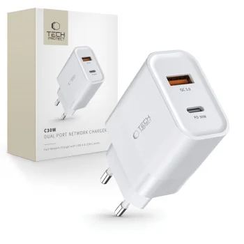 Tech-Protect C30W Wall Charger USB-C PD 30W / USB-A QC 3.0 - White