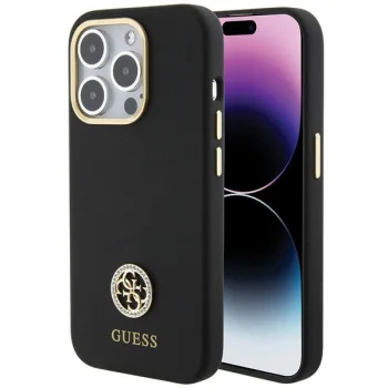 Guess Silicone Logo Strass 4G dėklas telefonui iPhone 15 Pro Max 6.7", juodas