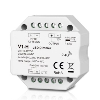 LED apšvietimo reguliatorius V1-H, 12-48V 8A Push-Dimm RF 2.4GHz