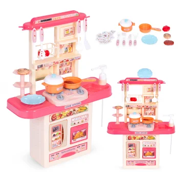 Kids Kitchen Playset with Lights, Sounds, and Working Sink, 10 Accessories, Pink