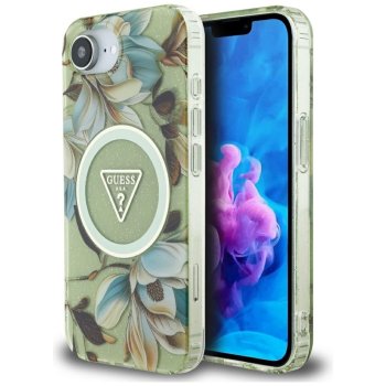 Guess IML Metal Glitter Flowers Triangle MagSafe dėklas iPhone 16e, žalias