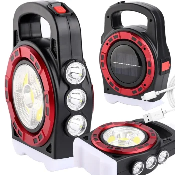 Nešiojamas saulės LED žibintuvėlis su išorine baterija HB-6678C, raudonas