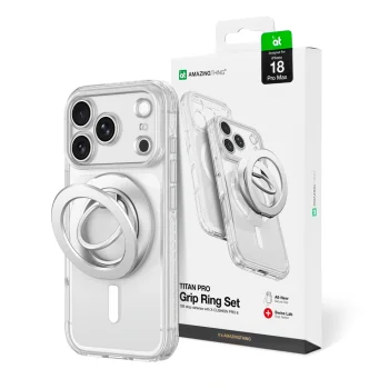 Dėklas AmazingThing Titan Pro Lens Ring iPhone 18 Pro Max su MagSafe ir stovu, skaidrus