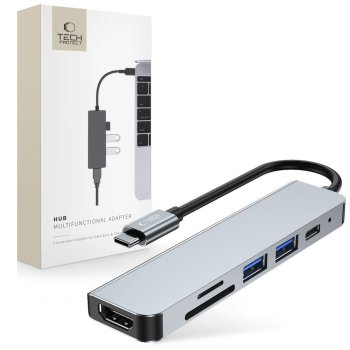 Tech-Protect V4 6-in-1 USB-C šotuvas (HDMI, USB-A, SD/TF), pilkas