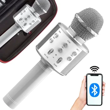 Belaidis „Bluetooth“ karaokė mikrofonas su garsiakalbiu ir dėklu, sidabrinis