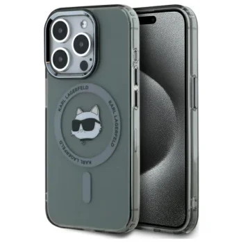 Karl Lagerfeld iPhone 15 Pro Case IML Metal Choupette Head MagSafe, Black