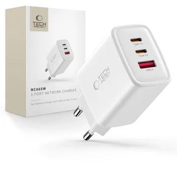 Tech-Protect NCA65W-GAN 65W 3 prievadų GaN sieninis įkroviklis, Baltas