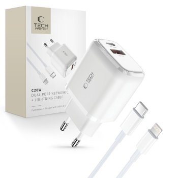 Tech-Protect C20W įkroviklis USB-C PD 20W / USB-A QC 3.0 ir laidas Lightning - baltas